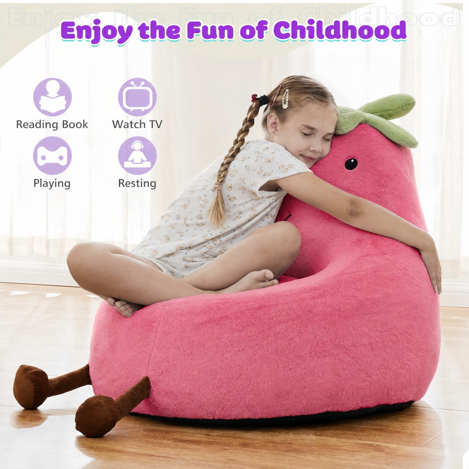 Kelno 31" Kids Bean Bag Chair Faux Rabbit Fur Lazy Chair Toddler Couch, Rose Red