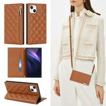 Feishell Crossbody Bag Wallet Case for iPhone 13,Shockproof Luxury PU Leather Zipper Pocket Magnetic Closure Folio Card Slot Flip Kickstand Phone Case with Shoulder Strap,Brown