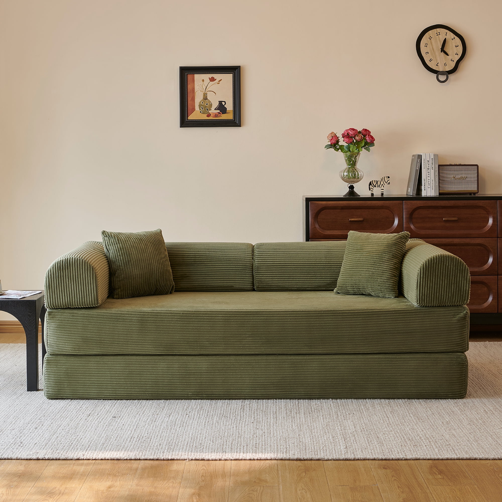 Howcool 79" Boneless Sleeper Sofa Bed, 2-in-1 Pull Out Convertible Loveseat Couch with 2 Throw Pillows, Corduroy Futon Floor Sofa for Living Room, No Assembly Required, Green