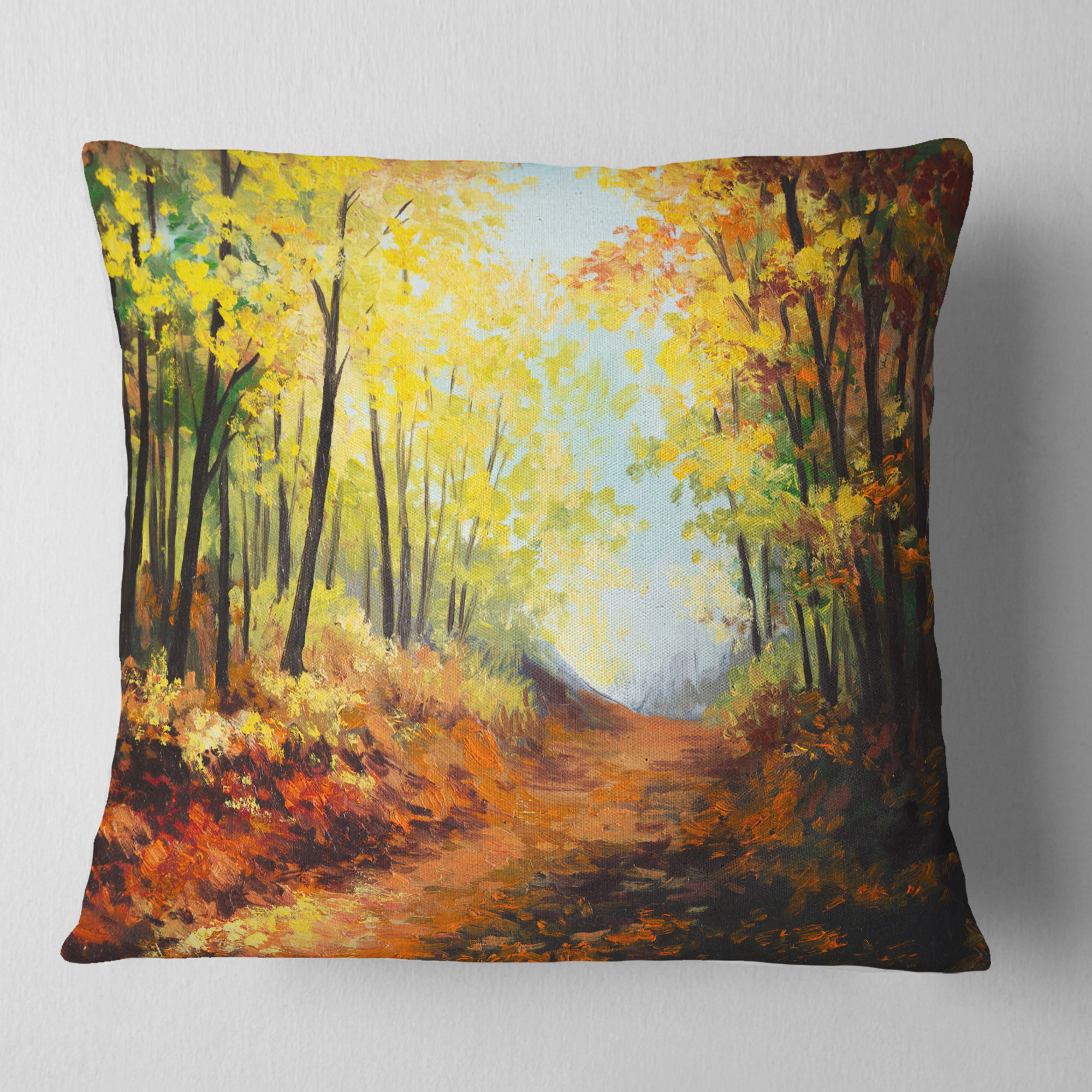 Designart Autumn Forest Pathway - Landscape Printed Throw Pillow - 18x18