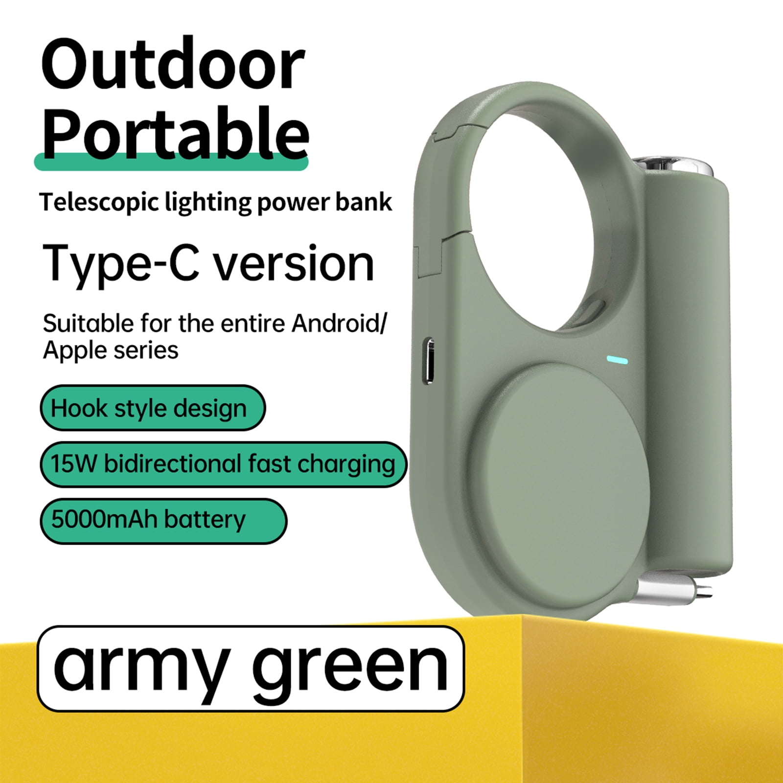 Outdoor Charging Adapter 5000mAh Power Supply Retractable Cable LED Light and Clip for Hiking and Travel