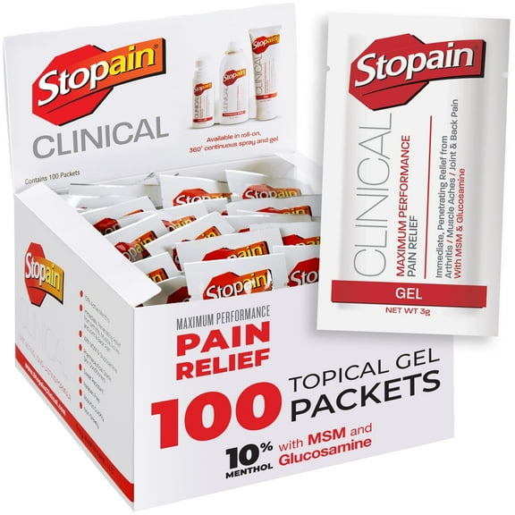 Stopain Pain Relief Clinical Gel Packets, 100 Pack, USA Made, Max Strength Fast Acting with MSM, Glucosamine, Menthol for Arthritis, Lower Back Sciatica, Knee, Neck HSA FSA Topical Analgesic Products