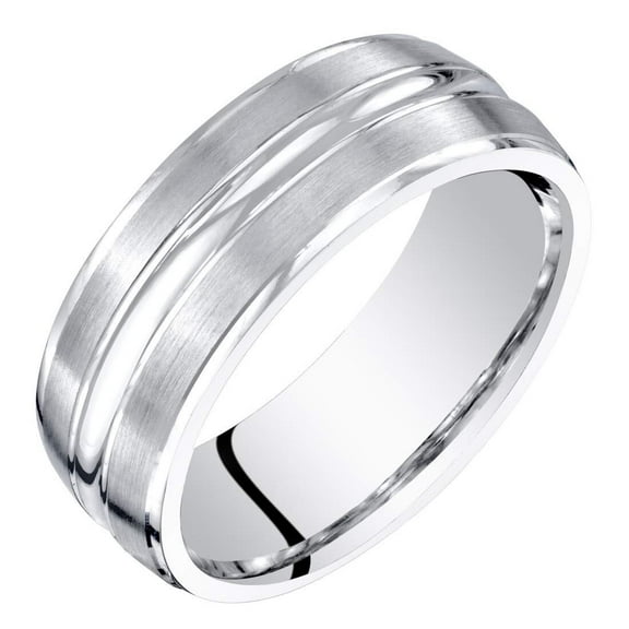 PEORA Men's 7mm 14K White Gold Wedding Ring Band, Brushed Matte with Polished Grooves, Comfort Fit Size 14.5