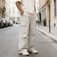 thumbnail image 2 of Men's Cargo Pants Wide Leg Loose Fit Casual Pants Elastic Waist Drawstring Sweatpants with Pockets Light Gray XXXL, 2 of 5