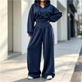 thumbnail image 2 of Szluipve 2 Piece Sets for Women 2 Piece Tracksuit V‑Neck Drawstring Hoodie Top High Waist Pleated Wide Leg Pants Set Casual Loose Matching Loungewear Outfit With Pockets Navy S, 2 of 7