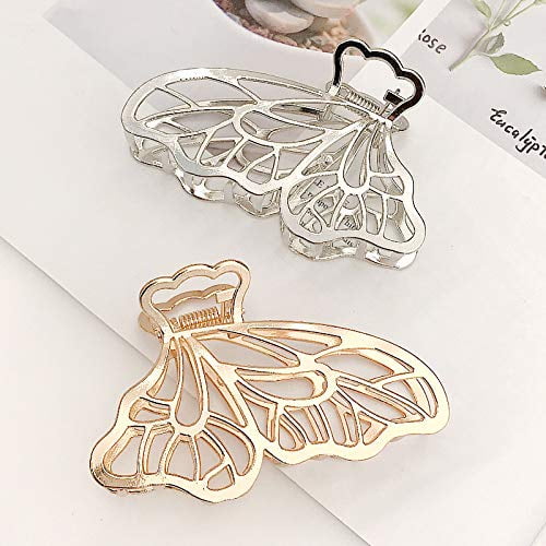 2 PACK Metal Hair Claw Clips for Women,Large Butterfly Hair Clip Hair Claw  Banana Clips Barrette Claw Clamp Hair Jaw Clips for Girls and Women (Silver  