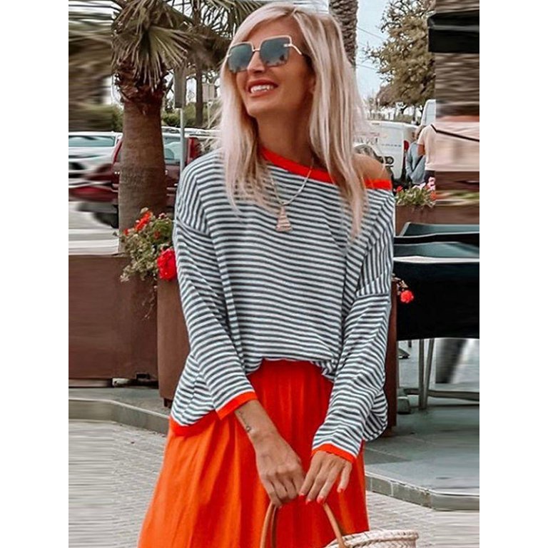 Women Knitted Pullover Contrast Trim Striped Sweater Casual Crewneck Long  Sleeve Jumper - Walmart.com