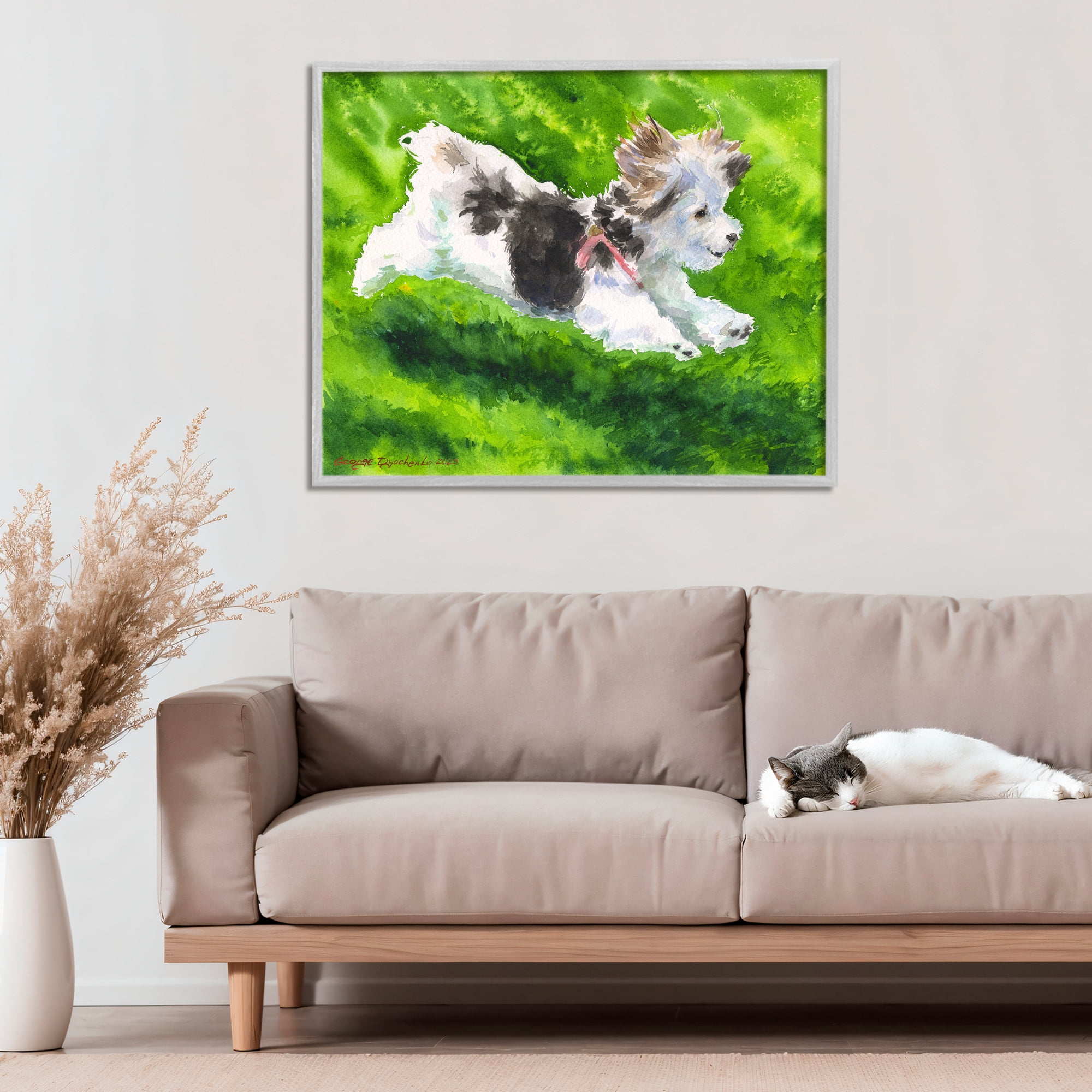 Stupell Industries Happy Maltipoo Running Gray Framed Giclee Art, design by George Dyachenko