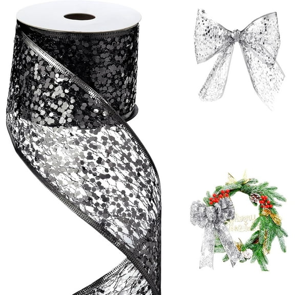 2.5 Inch Mesh Wired Ribbon Metallic Sequin Glitter Web for Christmas Tree Gift Wrapping Crafts Topper Bows Wreaths Holiday Decor Garland 10 Yards
