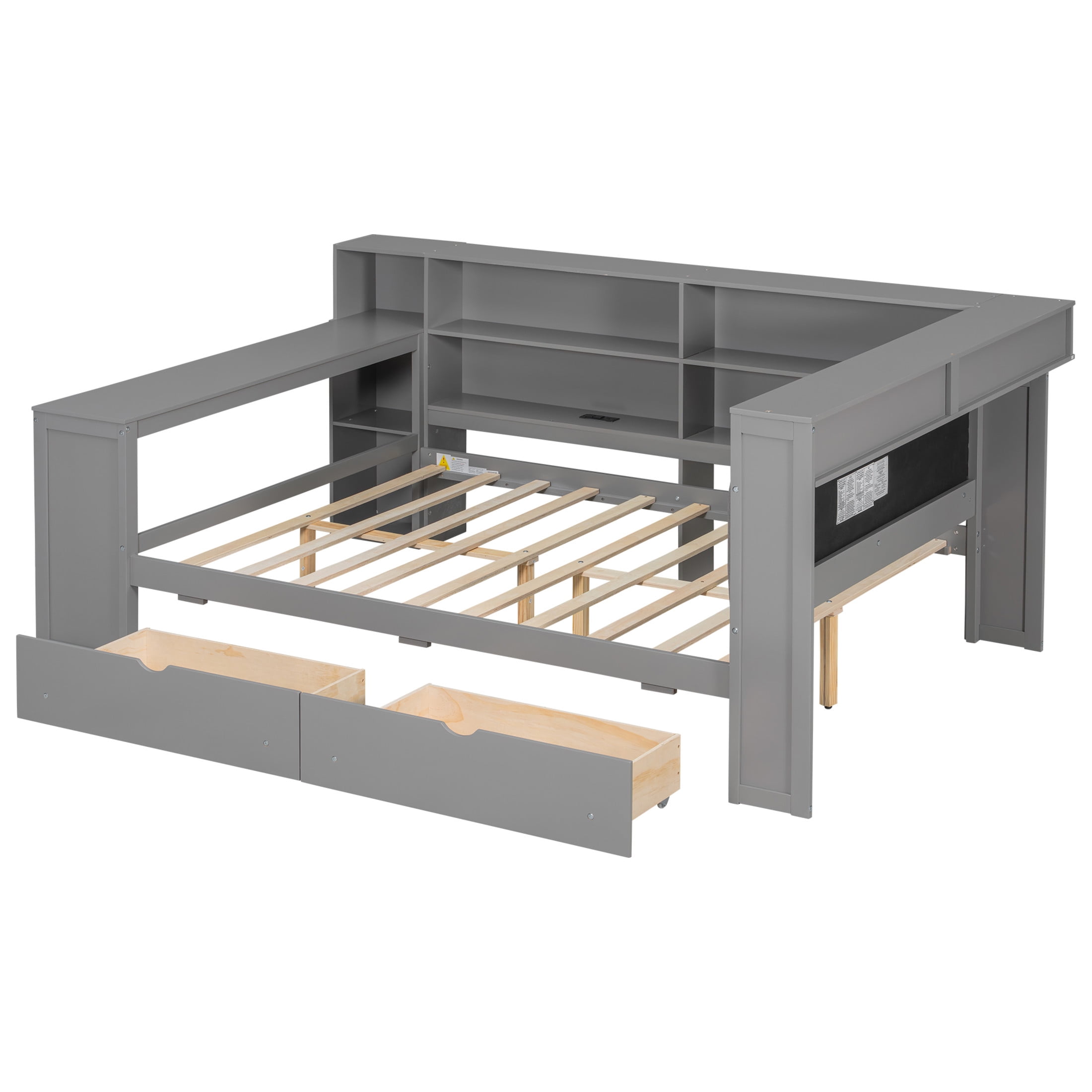 Noble House Tove Full Upholstered Platform Bed with Desk, 8 Storage Shelves, Charging Station & LED Lights, Gray