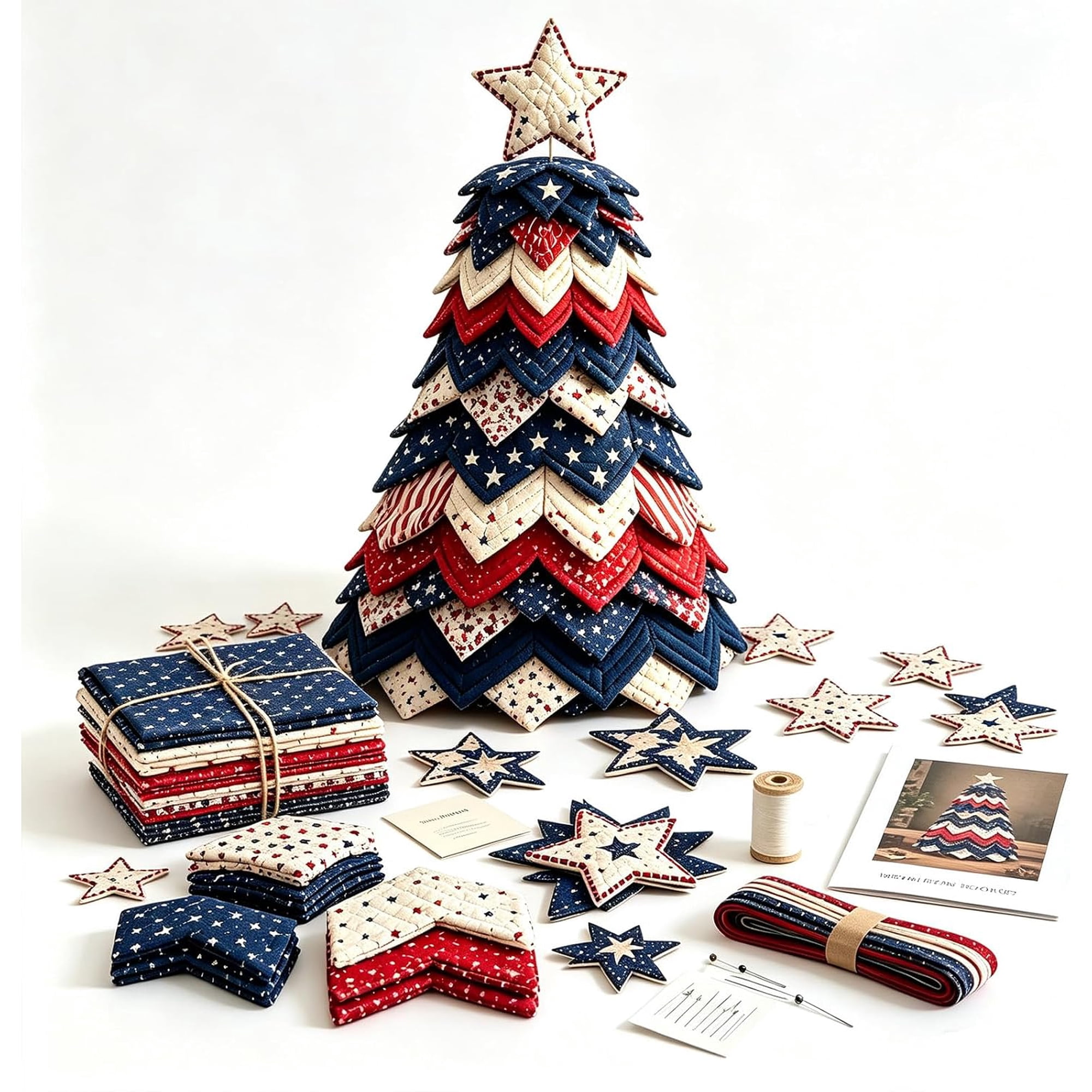 Americana Christmas Tree Quilt Kit Christmas Patchwork Fabric DIY Kit | Red White and Blue Stars & Stripes Patchwork Craft Kit for Adult Beginner Gifts for Quilting Lover