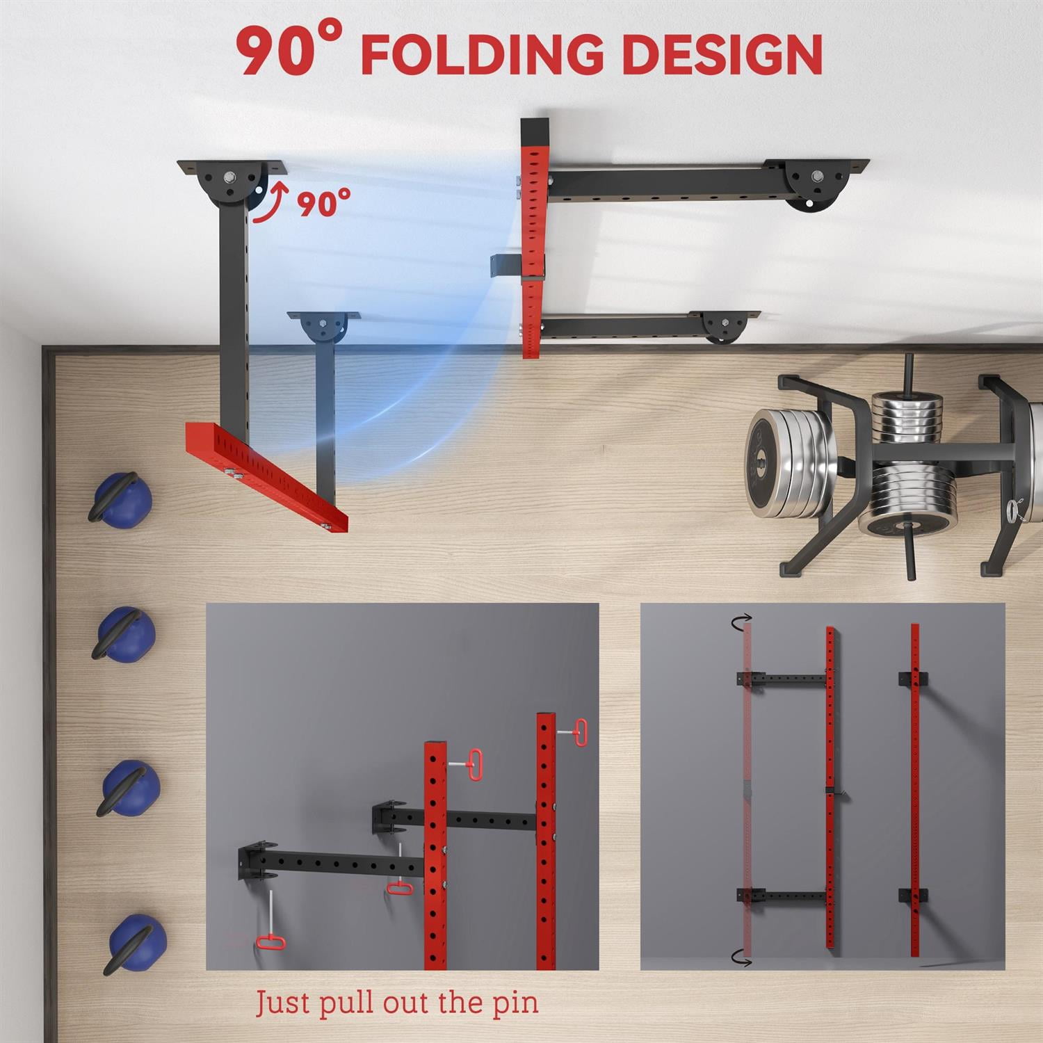 Demi Bonn Folding Squat Rack with Pull Up Bar - Wall Mounted, Adjustable 1000 LBS Capacity Power Rack ,Red