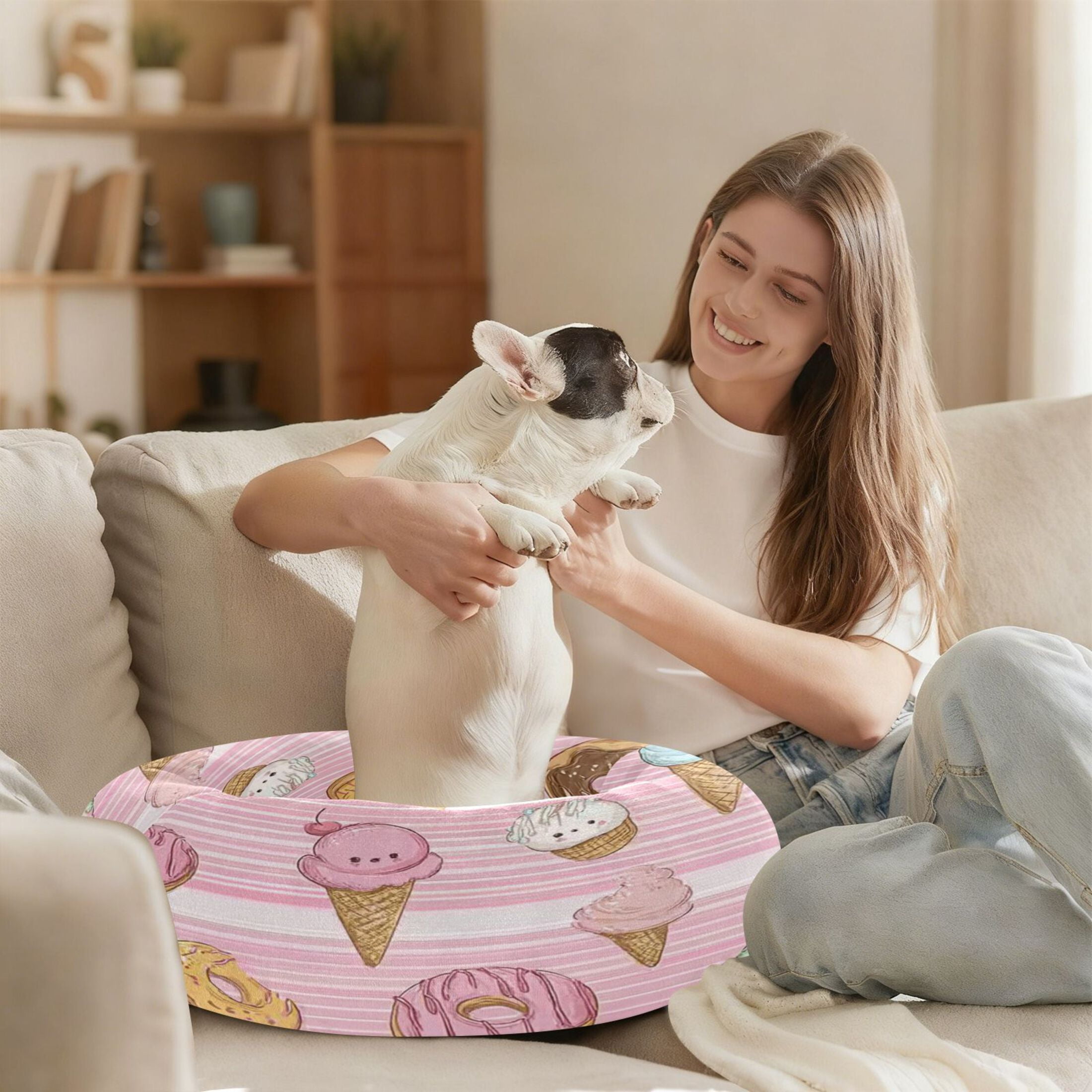 Iauyy Pet Couch Donut Cat Bed for Indoor Cats/Small Dogs Washable & Machine with Non-slip Bottom Calming Cat Furniture, Ice Cream (M)