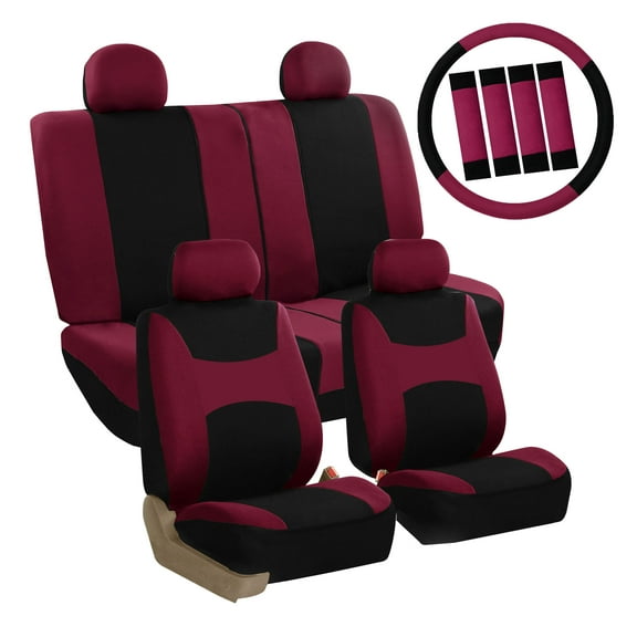 FH Group Light & Breezy Seat Covers for Auto, 4 Headrests Full Set with Steering/Belt Pad Cover, Burgundy and Black