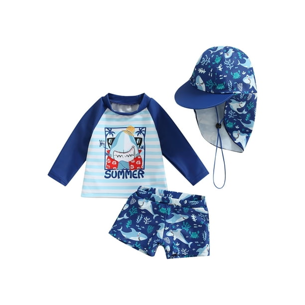 Woshilaocai Toddler Baby 3Pcs Swimwear Set Infant Boy Swimsuit with Hat UPF 50+ Rash Guards Long