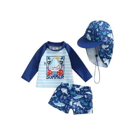 

Sunisery Toddler Baby Boys 3- Piece Rash Guard Swimsuit Cartoon Shark Print Summer Beach Long Sleeve Tops + Shorts + Hat Blue Stripe Shark 18-24 Months
