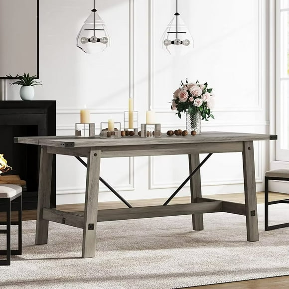 WAMPAT Farmhouse Dining Room Table for 6 Person, 67.7 Inch Rectangular Wood Modern Kitchen Table with Metal Decor and Footrest, Rustic Grey