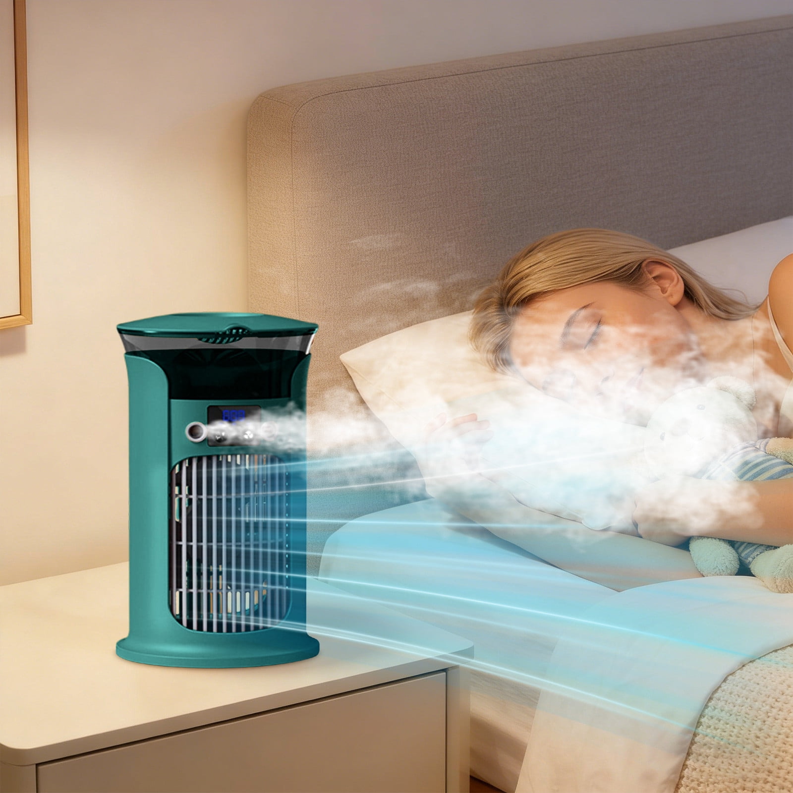 Windowless Evaporative Compact, Portable Air Conditioning — USB Charging Fan, 3 Speed Cooler, and Humidification Function with 1 Unit & Plastic Design for Desk Bedroom Nightstands