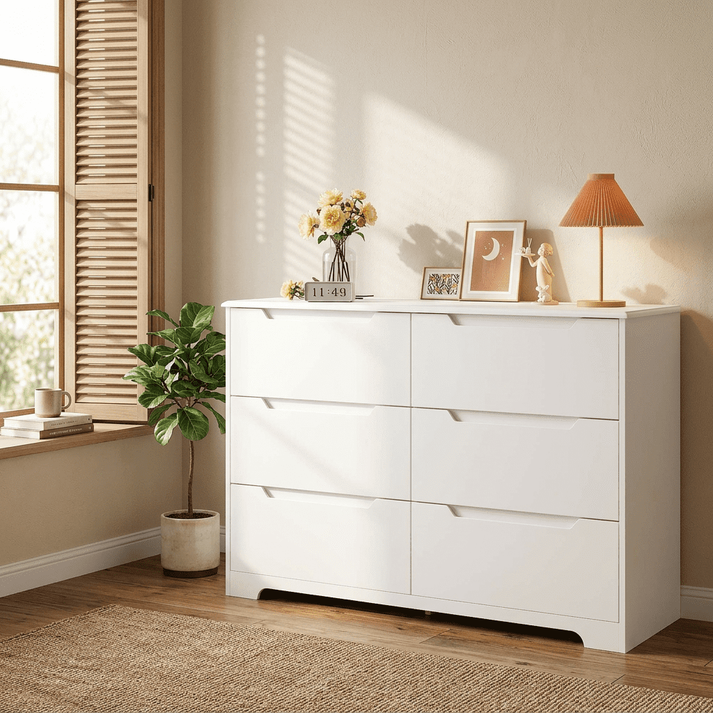 Modern 6 Drawer Double Dresser, White Wood Chest of Drawers with Cut-Out Handles, Sturdy Storage Organizer for Bedroom Living Room Hallway