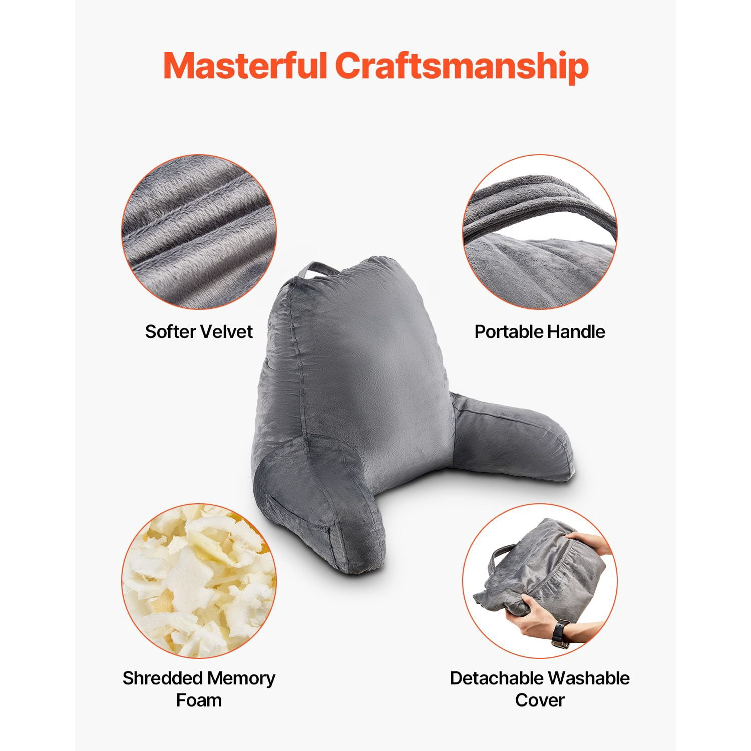 Large Reading Pillow with Memory Foam, 3 Pockets, Dual Zip Lining, Ergonomic Design, Machine Washable Velvet, Portable Handle for Bed Sofa