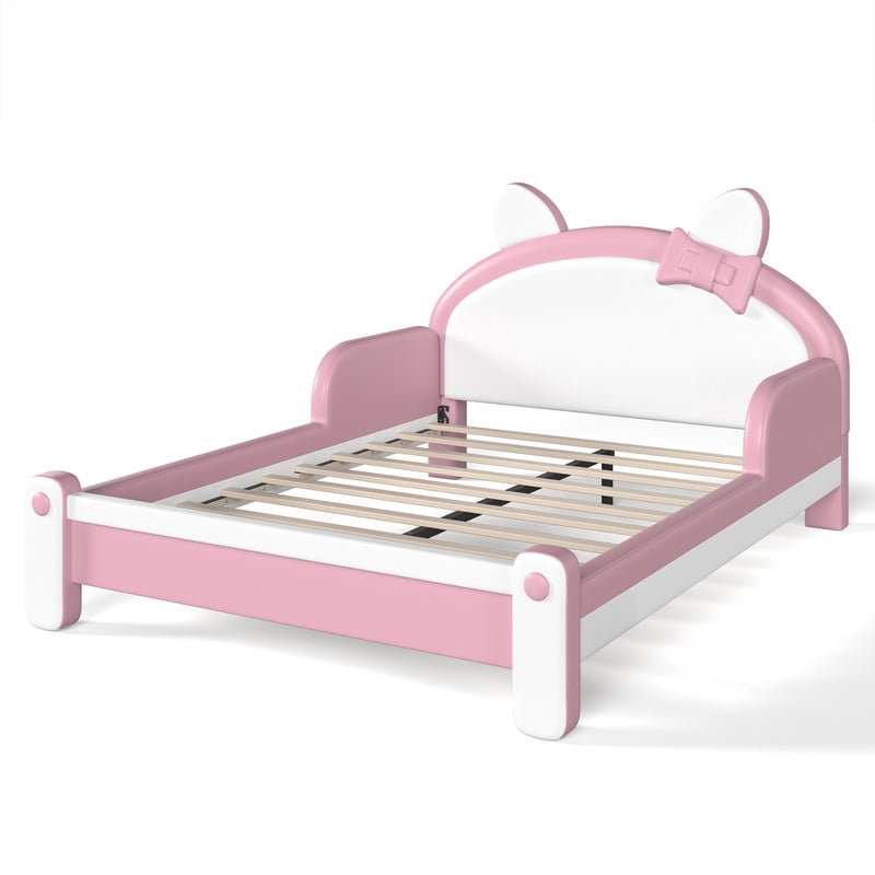 Full Size Kids Platform Bed with Cartoon Cat-Shaped Headboard, Upholstered PU Leather Princess Bed, Low Profile Child Bed Frame