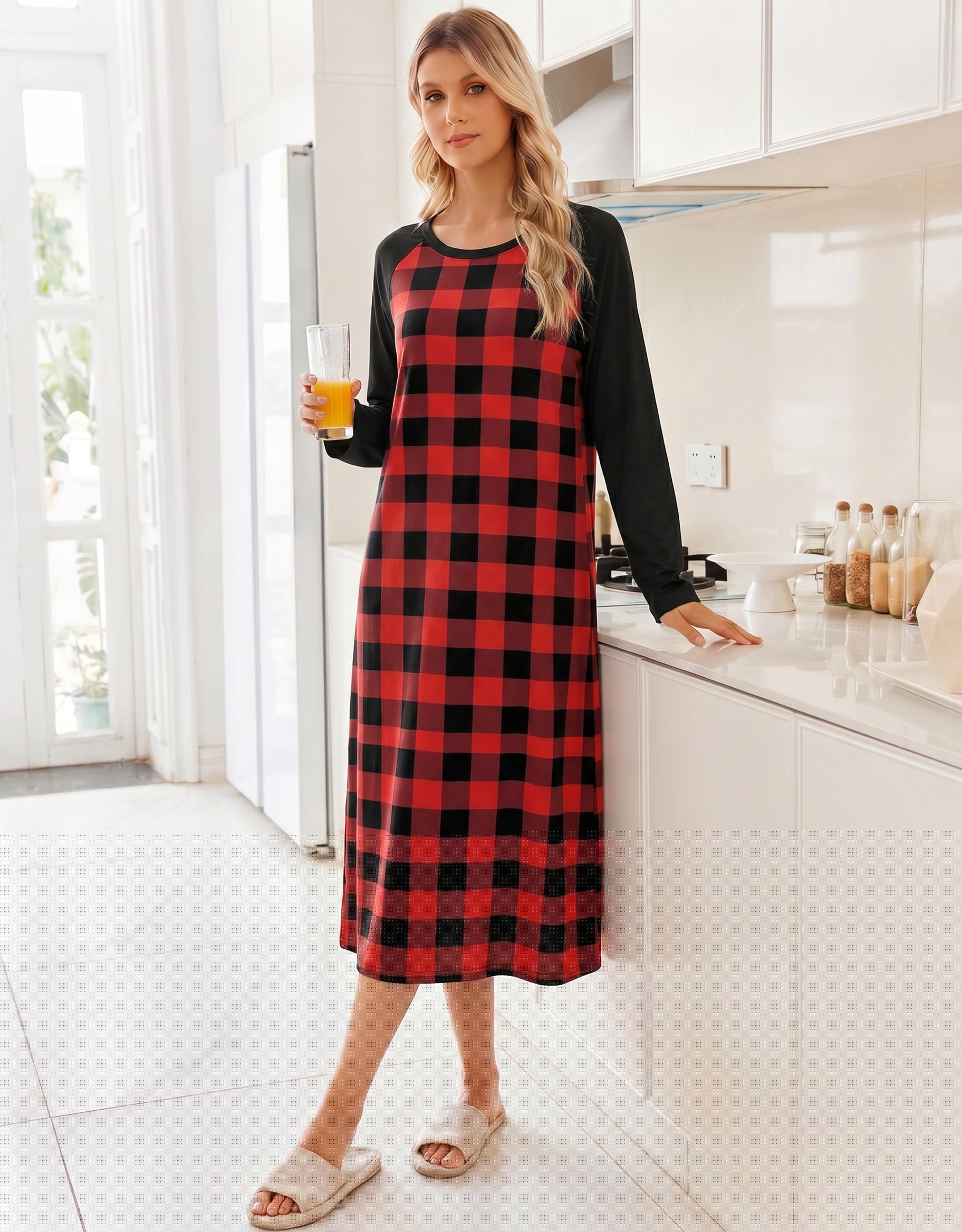 thumbnail image 3 of Ekouaer Long Sleeve Nightgowns for Women Calf Length Sleepwear Long Sleepshirts Crewneck Sleep Dress, 3 of 5