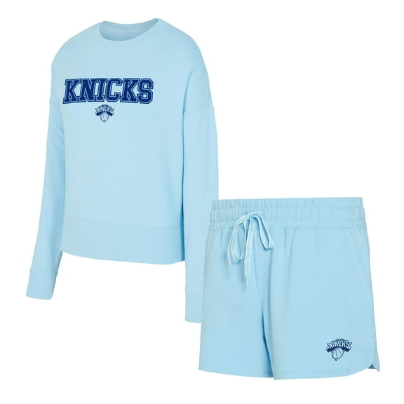 Women's-Concepts Sport Light Blue New York Knicks Elevation Tri-Blend Long Sleeve Top & Shorts Set
