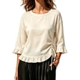 thumbnail image 2 of thefmos Women's Fall 3/4 Sleeve Ruffle Blouses Round Neck Drawstring Ruched Tops Casual Boho Pullover Shirts Solid Fashion Clothes for Vacation, Beige L, 2 of 6