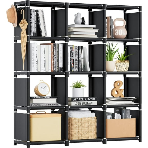 12-Cube Metal Book Shelf | DIY Cubicle Storage Organizer for Bedroom & Office (Black)
