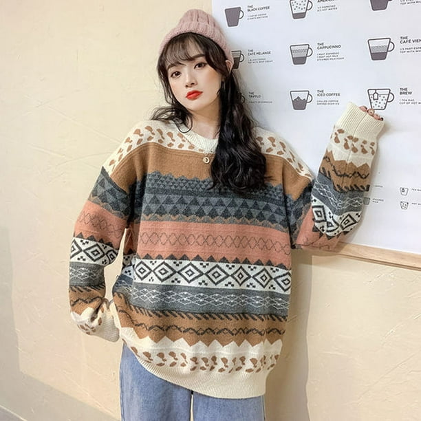 Vintage Sweaters Women Pullover Winter Striped Jumpers Korean Style Loose  Pullover Knitwear Casual Loose Sweater Pull Femme