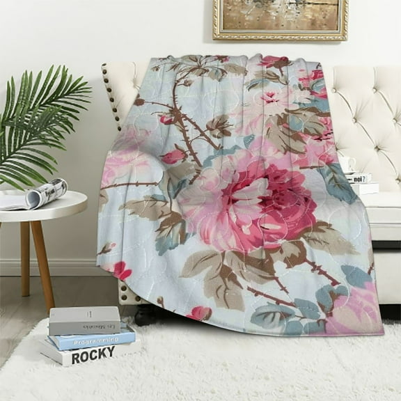 JRXY Vintage Floral Reversible Cotton Bedding Quilted Throw Blanket, Reversible & Lightweight (Throw, Pink Peony) White