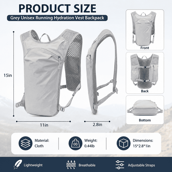Grey Unisex Running Hydration Vest Backpack, Lightweight Breathable Adjustable Hydration Pack, Slim Fit Water Vest for Men Women, Outdoor Sports Gear for Hiking, Cycling & Jogging