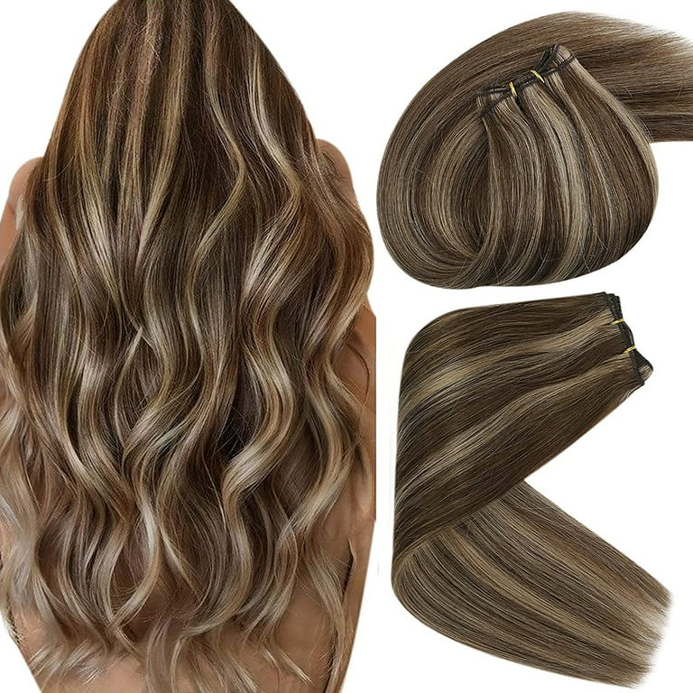 Sunny Human Hair Weft 20 inch Medium Brown and Caramel Blonde Highlights  Real Human Hair 100g