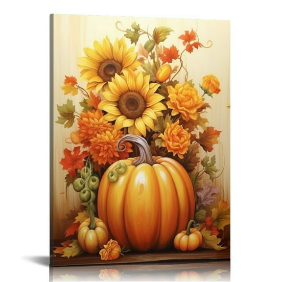 HOMICOZI Autumn Wall Art Pumpkin and Sunflower Canvas Prints Thanksgiving Day Painting Fall Harvest Canvas Pictures Decor Frame