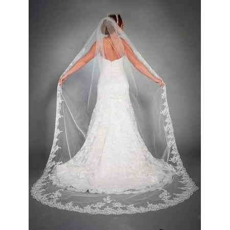 Wedding Veil Cathedral Long Wedding Veil Lace Veils for Brides With Comb for women Floral 118 Veil Headpeice (Ivory)