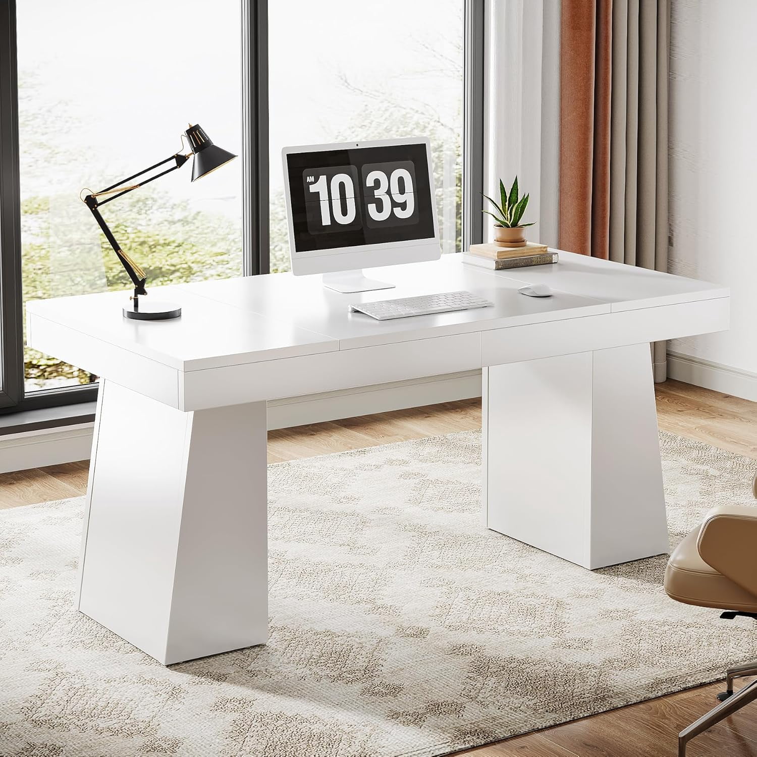 Tribesigns 55 Inches Executive Desk, Mid-Century Modern Home Office Desk with Double Trapezoid Base