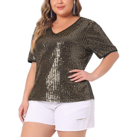 DARING DIVA Women's Plus Sparkly V Neck Short Sleeve Party Tops Blouses 1X Gold