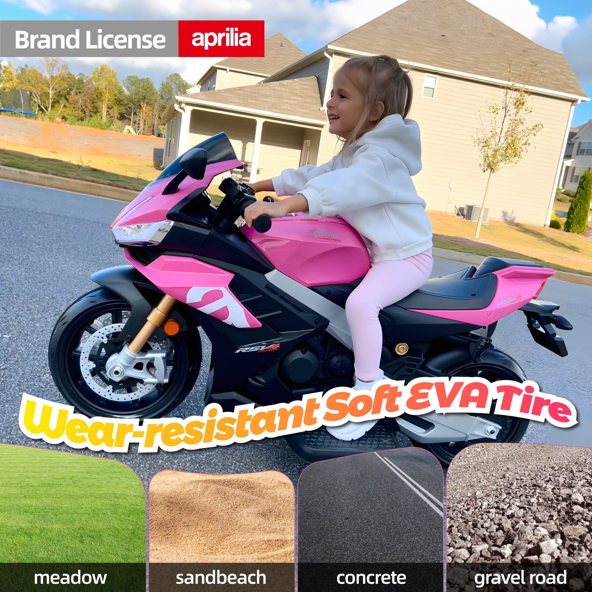 BKIRNP Aprilia 24V Kids Motorcycle Electric Motorbike Ride on Toy w/LED Lights Bluetooth Music Battery Powered 6MPH for Kids 3-6 Years Old