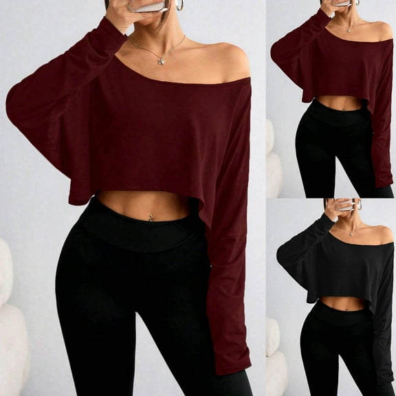 Olyvenn Off Shoulder Crop Top for Women Workout Gym Dance Top Summer Fall Top Boat Neck Loose Casual Long Sleeve T Shirt Black S