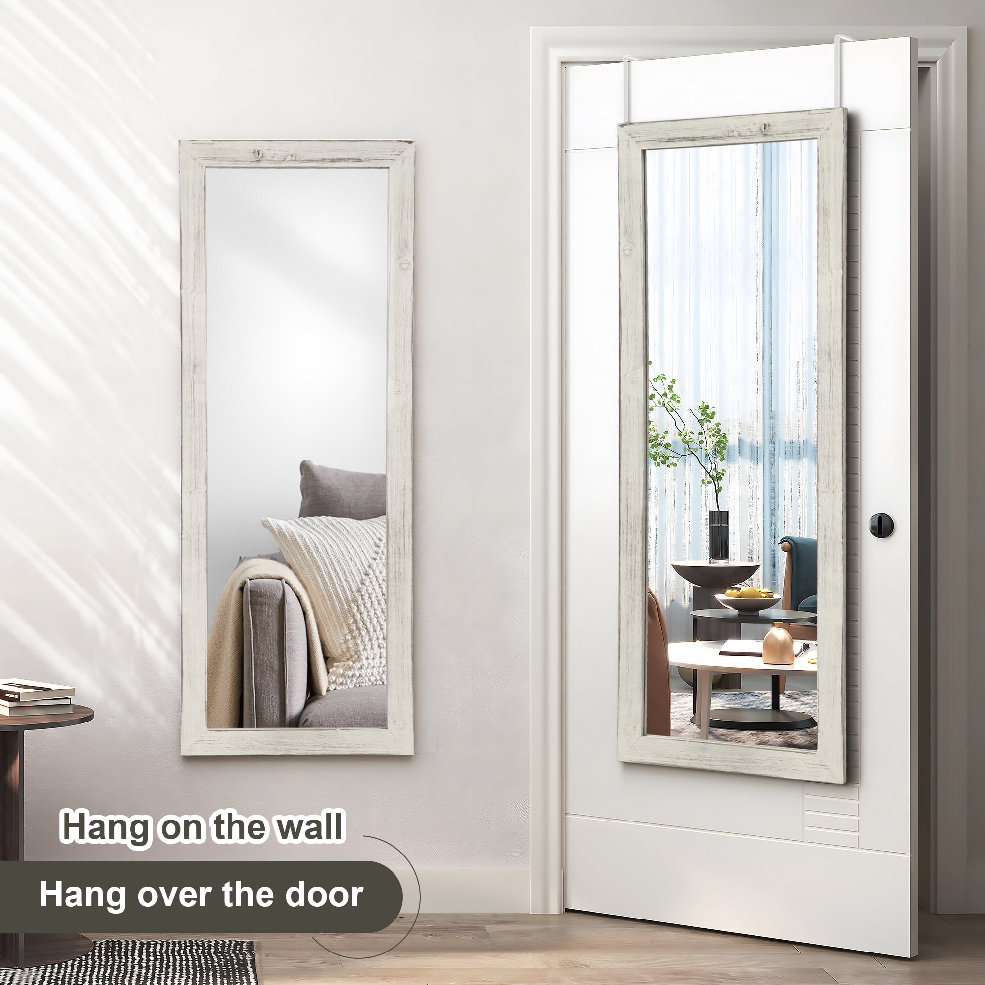 Over The Door Mirror Full Length, 47"x18" Door Mirror Full Length with Wood Frame, Full Length Mirror Over The Door with 2 Hangers Removeble, Hanging Mirror for Door or Wall Mounted Mirror