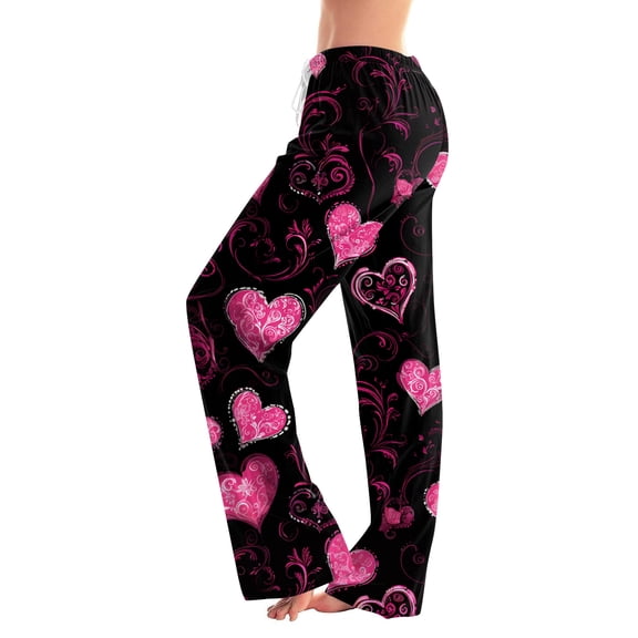 Fgvctg Women's Valentine's Day Pajamas Fashion Heart Graphic Wide Leg Pajamas Sleepwear High Waisted Pjs Pant Lightweight Fall Spring Drawstring Lounge Pants with Pockets Black L