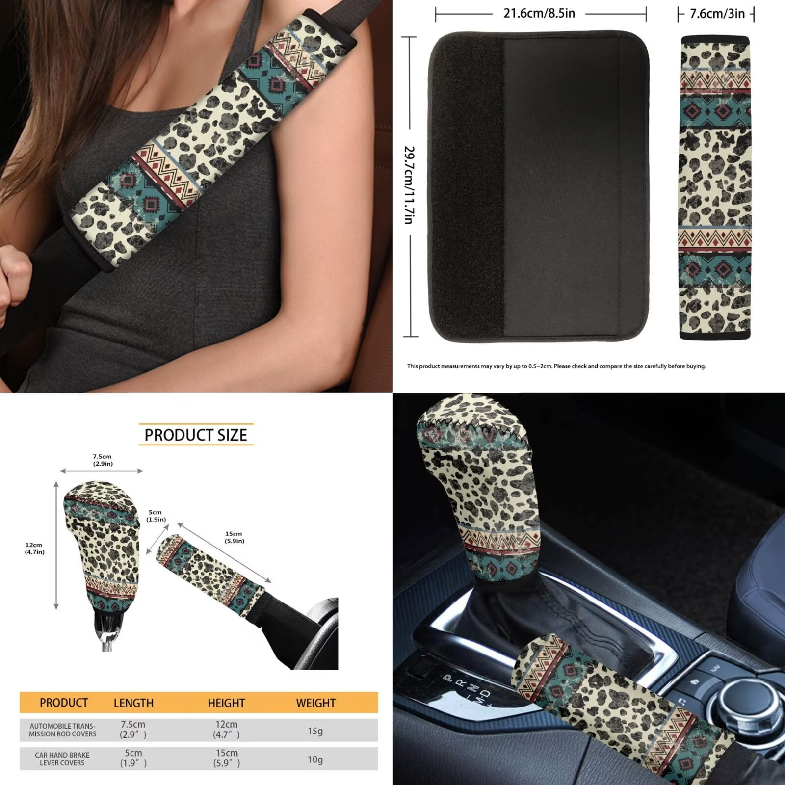 FKELYI American Tribal Cow Print 16 Pcs Auto Interior Set Car Seat Covers with Steering Cover Seat Belt Pads Armrest Pad Coasters Headrest Protector Handbrake Covers Gear Shift Knob Sleeve