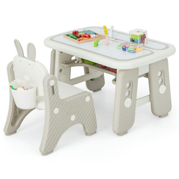 Spaco Kids Table and Chair Set with Flip-Top Bookshelf-Gray, Toddler Table and Chair Set for Arts & Crafts, Snack Time, Homeschooling, Homework