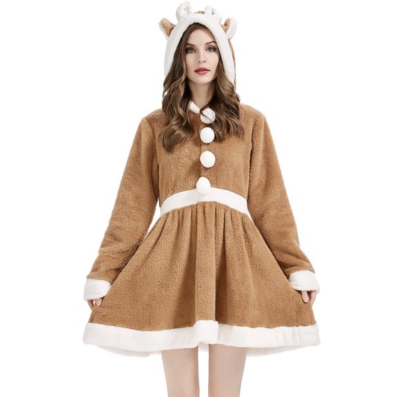 FEIFLY Christmas Reindeer For Women Funny Holiday Chemise With Hooded Party Deer Fancy Dress Solid Color Festival Clothing
