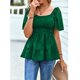 thumbnail image 3 of Top de manga corta para mujer, camisa con cintura elástica fruncida, dobladillo suelto de Jacquard, Top de moda verde M, 3 of 8