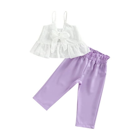 

Sunisery Kids Toddler Girls 2Pcs Pants Suits Sling Plain Lace Bow-Knot Crop Camisole + Ruffle Long Pants Outfits White 12-18 Months