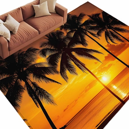 Area Rug 72&times;108in Summer Beach Sunset Coconut Tree Floor Carpet Living Room Rug Seaside Scenery Non-Slip Welcome Mat Indoor Rugs for Bedroom Dining Room