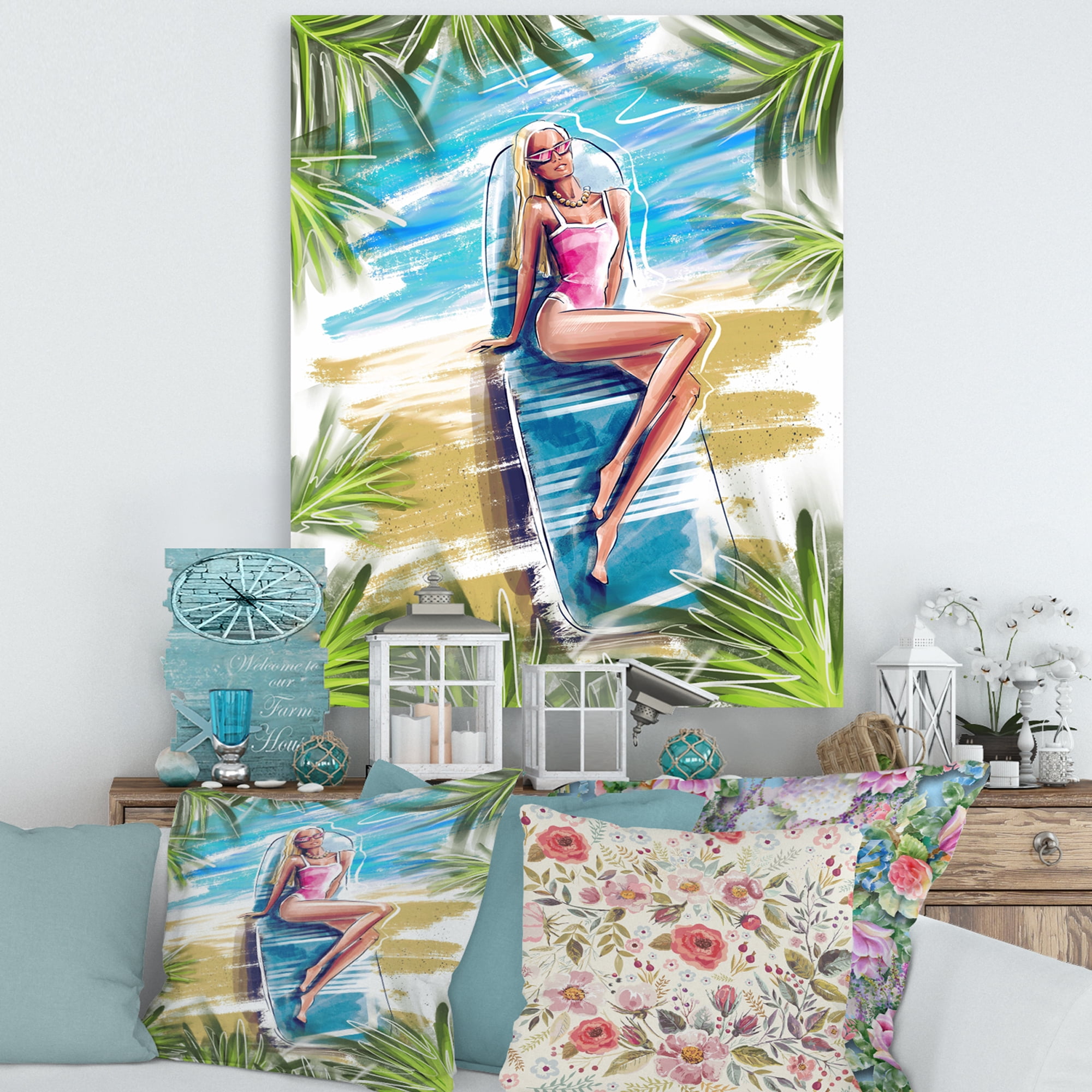 Portrait Beautiful Blond Model At The Beach Sunbathing 8 in x 12 in Painting Canvas Art Print, by Designart