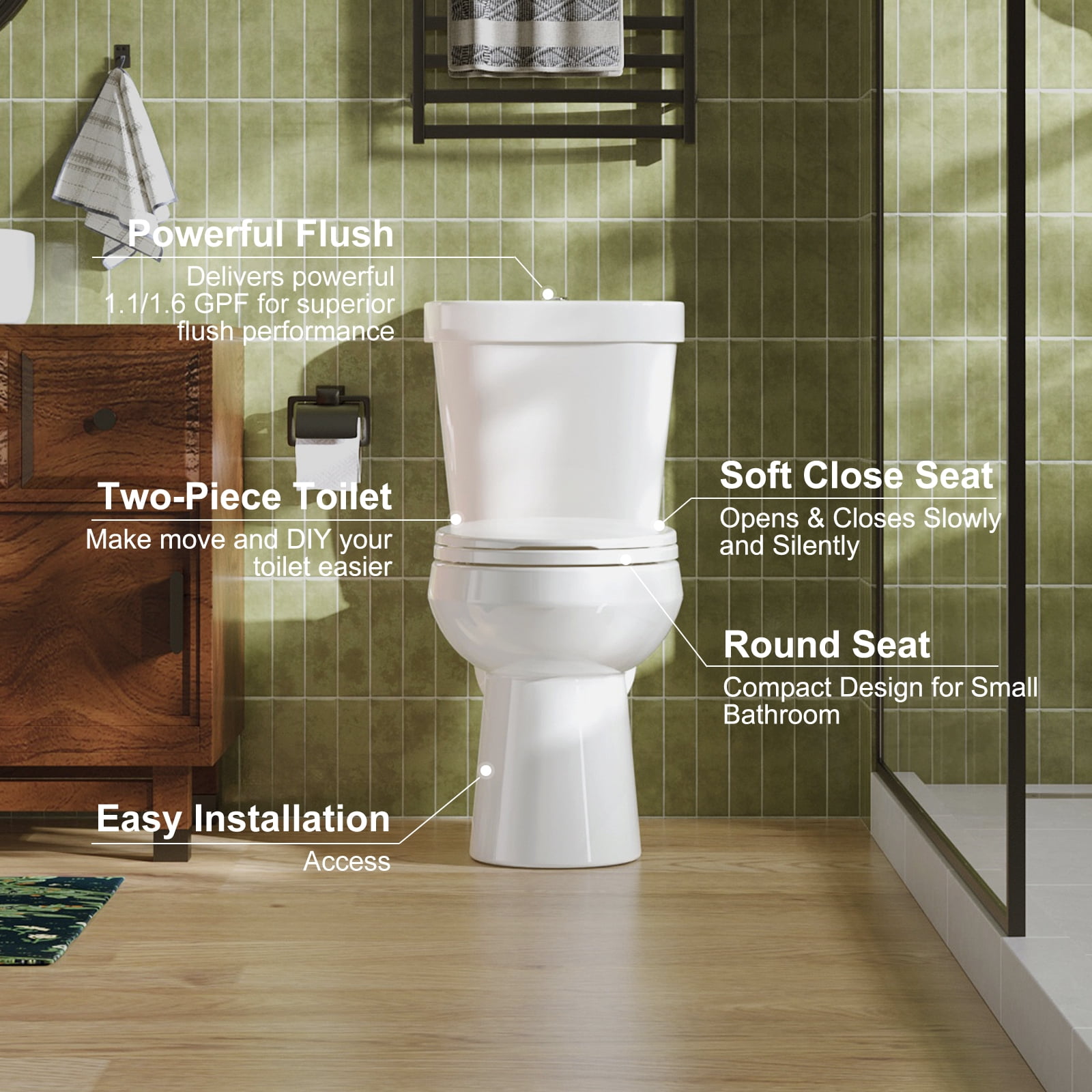 HOROW HWTT-R01D 1.28 GPF Two-Piece Round Chair Height Floor Mounted Toilet, Elongated Comfort Bathroom Toilet, Power Flush, White