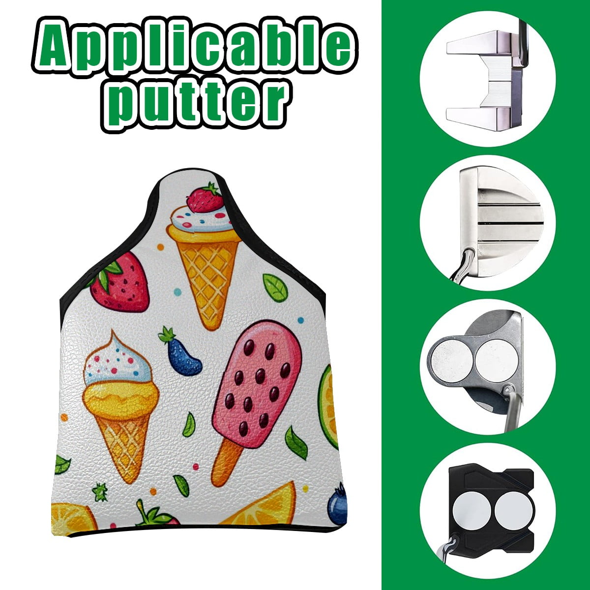 Golf Mallet Putter Cover Premium Leather Golf Putter Head Cover with Magnetic Closure, Golf Cover for Men and Women Fruit Ice Cream Pattern